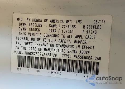 2016 Honda Accord Lx from USA, damaged, VIN 1HGCR2F37GA224128